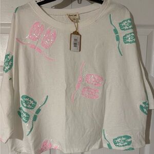 White Tee with Pink and teal Sequin Boots